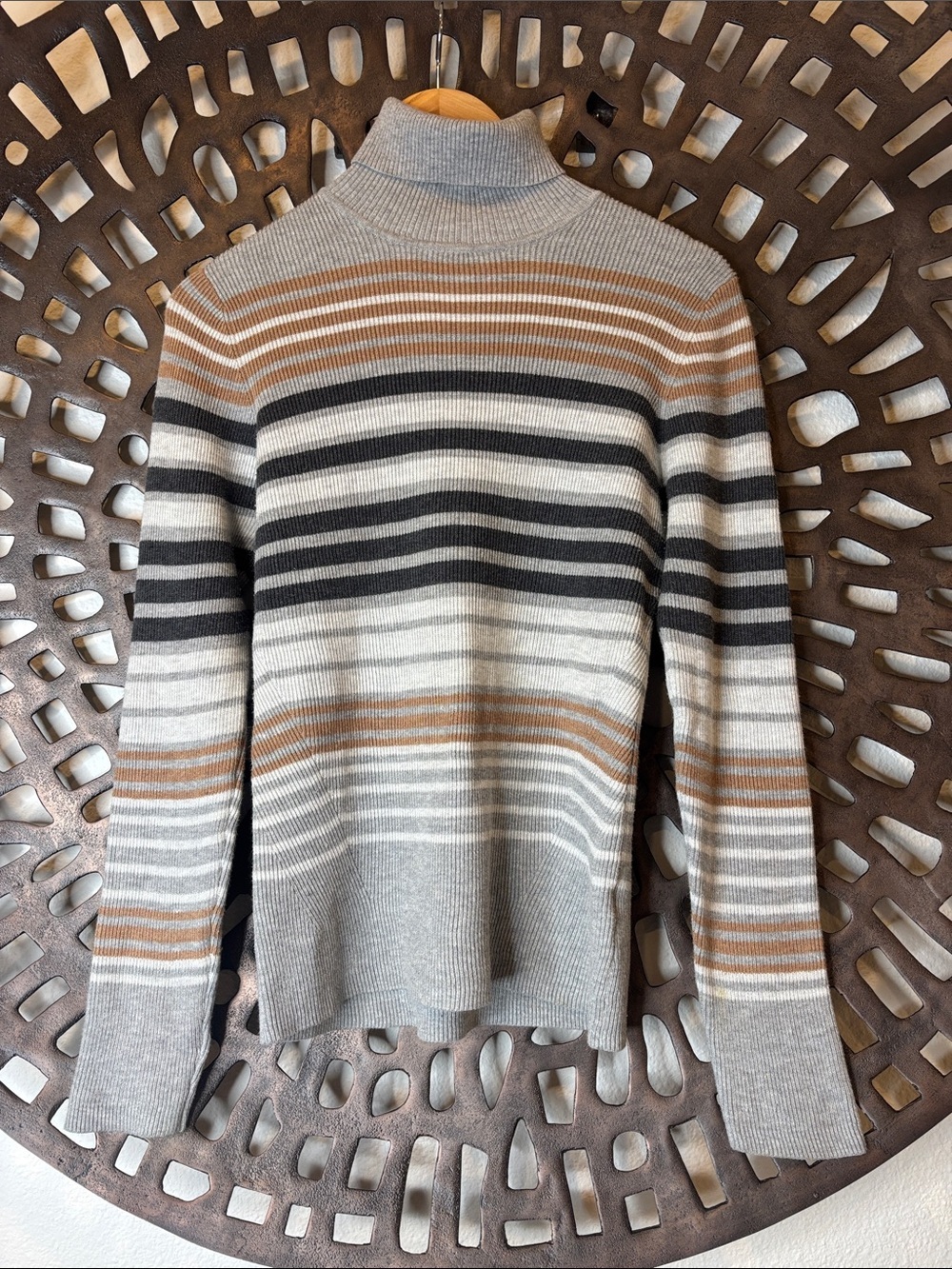 🖤Striped Turtleneck Sweater Medium Gray Black Camel Womens Cotton Blend Orvis🖤